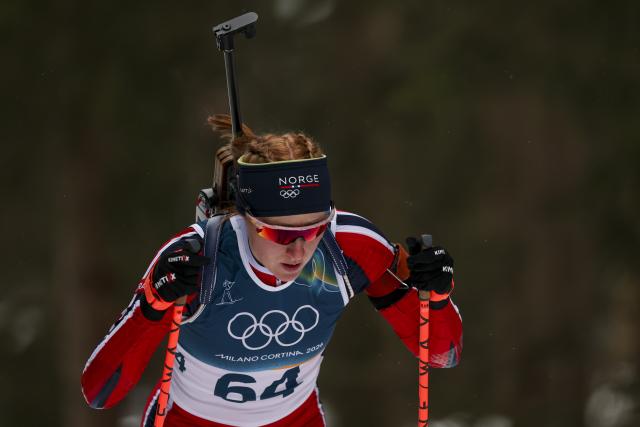 (260215) -- ANTERSELVA, Feb. 15, 2026 (Xinhua) -- Maren Kirkeeide of Norway competes during the biathlon women's 7.5km sprint event at the Milan-Cortina 2026 Olympic Winter Games in Anterselva, Italy, Feb. 14, 2026. (Xinhua/Zhang Tao)