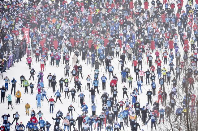 (260215) -- KHIMKI, Feb. 15, 2026 (Xinhua) -- People take part in a mass skiing competition at the 2026 Ski Track of Russia in Khimki, Russia, Feb. 14, 2026. (Photo by Alexander Zemlianichenko Jr/Xinhua)