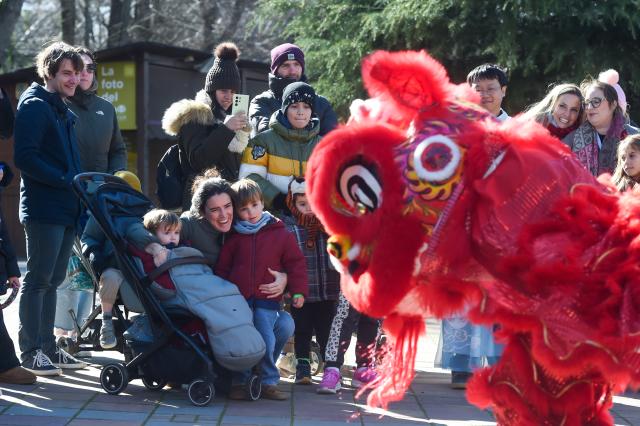 (260215) -- MADRID, Feb. 15, 2026 (Xinhua) -- Visitors watch a lion dance at the Madrid Zoo in Madrid, Spain, on Feb. 14, 2026. The Madrid Zoo held celebrations for the Chinese New Year, featuring lion dance performances, Chinese shadow puppetry and calligraphy workshops. (Photo by Gustavo Valiente/Xinhua)