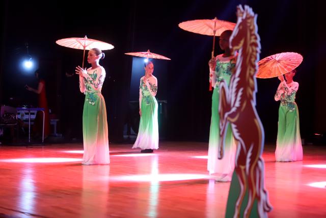 (260215) -- PRAIA, Feb. 15, 2026 (Xinhua) -- Performers dance during a Chinese New Year gala at the National Auditorium in Praia, capital of Cape Verde, Feb. 14, 2026. (Photo by Elton Monteiro/Xinhua)