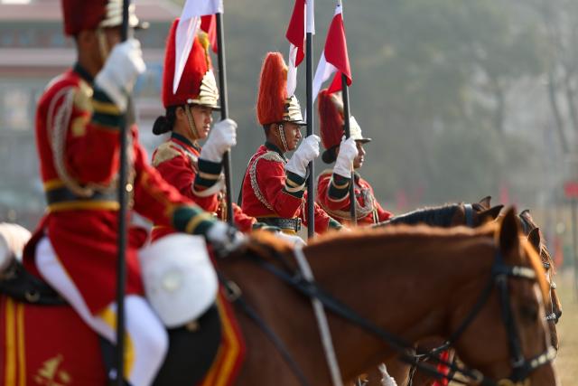 (260215) -- KATHMANDU, Feb. 15, 2026 (Xinhua) -- The Nepalese Army performs in a celebratory parade marking the 263rd Army Day in Kathmandu, Nepal, Feb. 15, 2026. (Photo by Sulav Shrestha/Xinhua)