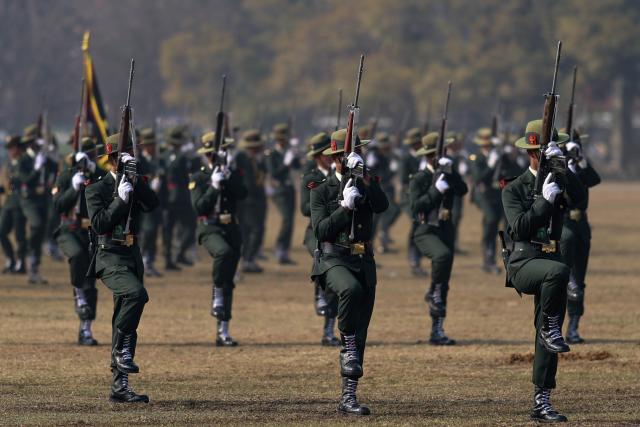 (260215) -- KATHMANDU, Feb. 15, 2026 (Xinhua) -- The Nepalese Army performs in a celebratory parade marking the 263rd Army Day in Kathmandu, Nepal, Feb. 15, 2026. (Photo by Sulav Shrestha/Xinhua)