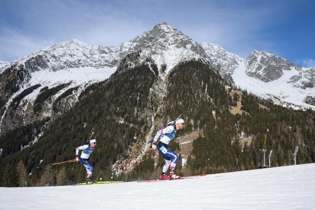 (260215) -- ANTERSELVA, Feb. 15, 2026 (Xinhua) -- Emilien Jacquelin (R) and Quentin Fillon Maillet of France compete during the biathlon Men's 12.5km Pursuit at the 2026 Milan-Cortina Winter Olympics in Anterselva, Italy, Feb. 15, 2026. (Xinhua/Zhang Tao)