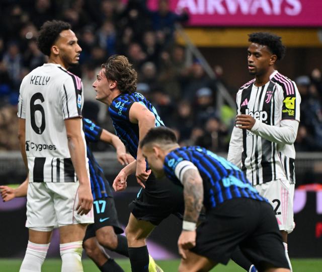 (260215) -- MILAN, Feb. 15, 2026 (Xinhua) -- Inter Milan's Pio Esposito (C) celebrates his goal during a Serie A football match between Inter Milan and Juventus in Milan, Italy, Feb. 14, 2026. (Photo by Alberto Lingria/Xinhua)