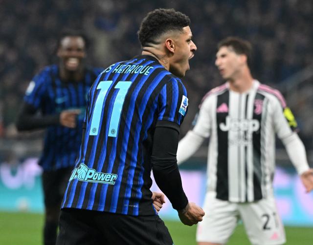 (260215) -- MILAN, Feb. 15, 2026 (Xinhua) -- Inter Milan's Luis Henrique celebrates his goal during a Serie A football match between Inter Milan and Juventus in Milan, Italy, Feb. 14, 2026. (Photo by Alberto Lingria/Xinhua)