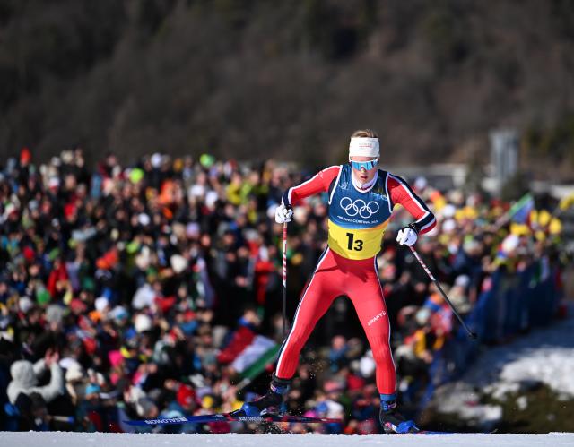 (260215) -- TESERO, Feb. 15, 2026 (Xinhua) -- Einar Hedegart of Norway competes during the cross-country skiing men's 4X7.5km relay match at the Milan-Cortina 2026 Olympic Winter Games in Tesero, Italy, Feb. 15, 2026. (Xinhua/He Canling)