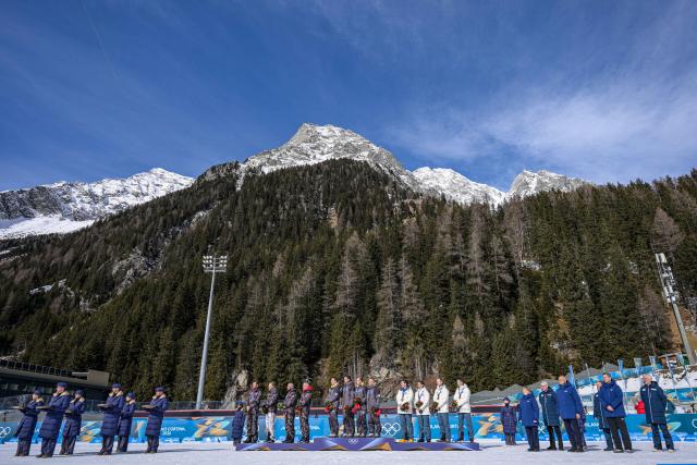 (260215) -- ANTERSELVA, Feb. 15, 2026 (Xinhua) -- Photo taken on Feb. 15, 2026 shows the reallocation medals ceremony for the men's 4x7.5-kilometer biathlon relay race from the 2014 Sochi Winter Olympics at the 2026 Winter Olympics in Anterselva, Italy. (Xinhua/Jiang Han)