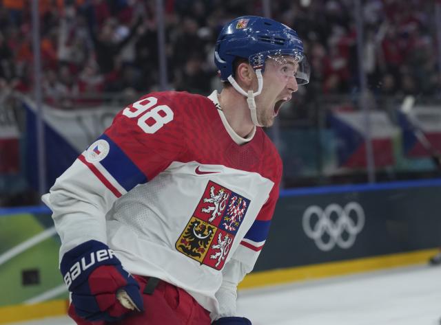 (260215) -- MILAN, Feb. 15, 2026 (Xinhua) -- Martin Necas of the Czech Republic celebrates his goal during the ice hockey men's preliminary round group A match between Switzerland and the Czech Republic of the Milan-Cortina 2026 Olympic Winter Games in Milan, Italy, Feb. 15, 2026. (Xinhua/Tao Xiyi)