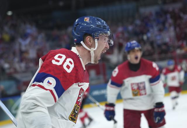 (260215) -- MILAN, Feb. 15, 2026 (Xinhua) -- Martin Necas of the Czech Republic celebrates his goal during the ice hockey men's preliminary round group A match between Switzerland and the Czech Republic of the Milan-Cortina 2026 Olympic Winter Games in Milan, Italy, Feb. 15, 2026. (Xinhua/Tao Xiyi)
