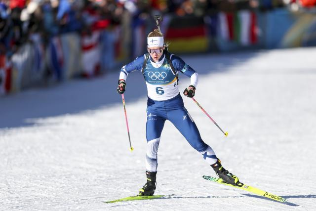 (260215) -- ANTERSELVA), Feb. 15, 2026 (Xinhua) -- Suvi Minkkinen of Finland competes during the biathlon women's 10km pursuit at the 2026 Milan-Cortina Winter Olympics in Anterselva, Italy, Feb. 15, 2026. (Xinhua/Zhang Tao)