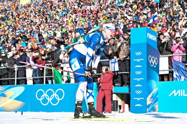 (260215) -- ANTERSELVA), Feb. 15, 2026 (Xinhua) -- Suvi Minkkinen of Finland reacts after the biathlon women's 10km pursuit at the 2026 Milan-Cortina Winter Olympics in Anterselva, Italy, Feb. 15, 2026. (Xinhua/Jiang Han)