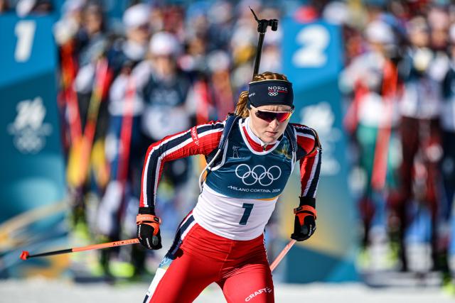 (260215) -- ANTERSELVA), Feb. 15, 2026 (Xinhua) -- Maren Kirkeeide of Norway competes during the biathlon women's 10km pursuit at the 2026 Milan-Cortina Winter Olympics in Anterselva, Italy, Feb. 15, 2026. (Xinhua/Jiang Han)