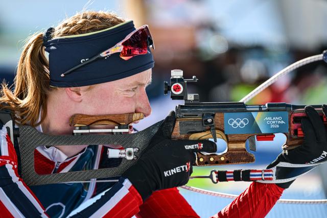 (260215) -- ANTERSELVA), Feb. 15, 2026 (Xinhua) -- Maren Kirkeeide of Norway competes during the biathlon women's 10km pursuit at the 2026 Milan-Cortina Winter Olympics in Anterselva, Italy, Feb. 15, 2026. (Xinhua/Jiang Han)