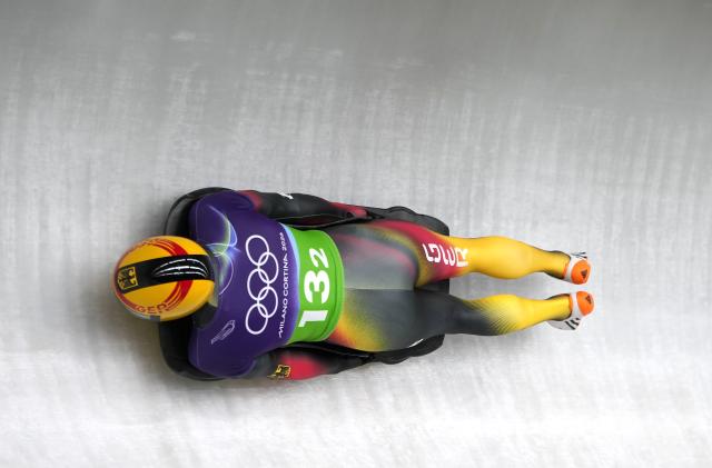 (260215) -- CORTINA D'AMPEZZO, Feb. 15, 2026 (Xinhua) -- Axel Jungk of Germany competes during the skeleton mixed team event at the Milan-Cortina 2026 Olympic Winter Games in Cortina, Italy, Feb. 15, 2026. (Xinhua/Li Gang)