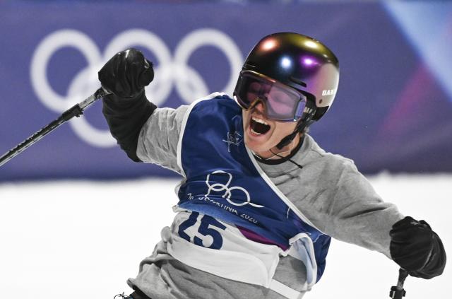 (260216) -- LIVIGNO, Feb. 16, 2026 (Xinhua) -- Fabian Boesch of Switzerland reacts during the freestyle skiing men's big air qualification at the Milan-Cortina 2026 Olympic Winter Games in Livigno, Italy, Feb. 15, 2026. (Xinhua/Xia Yifang)