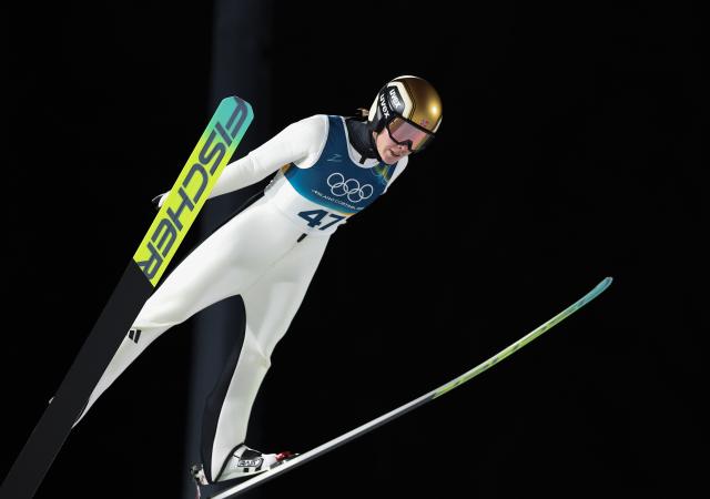 (260216) -- PREDAZZO, Feb. 16, 2026 (Xinhua) -- Norway's Anna Odine Stroem competes during the first round of ski jumping women's large hill individual event at the Milan-Cortina 2026 Olympic Winter Games in Predazzo, Italy, Feb. 15, 2026. (Xinhua/Huang Wei)