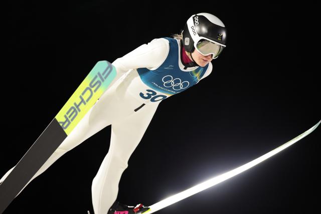 (260216) -- PREDAZZO, Feb. 16, 2026 (Xinhua) -- Frida Westman of Sweden competes during the first round of ski jumping women's large hill individual event at the Milan-Cortina 2026 Olympic Winter Games in Predazzo, Italy, Feb. 15, 2026. (Xinhua/Huang Wei)