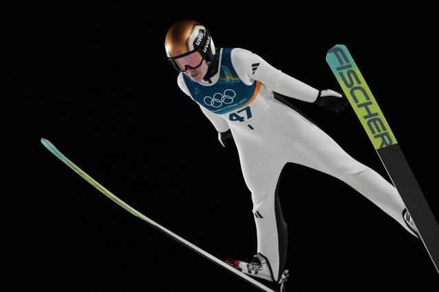 (260216) -- PREDAZZO, Feb. 16, 2026 (Xinhua) -- Norway's Anna Odine Stroem competes during first round of ski jumping women's large hill individual event at the Milan-Cortina 2026 Olympic Winter Games in Predazzo, Italy, Feb. 15, 2026. (Xinhua/Meng Yongmin)