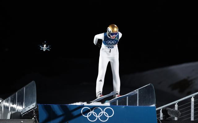 (260216) -- PREDAZZO, Feb. 16, 2026 (Xinhua) -- Norway's Eirin Maria Kvandal competes during the first round of ski jumping women's large hill individual event at the Milan-Cortina 2026 Olympic Winter Games in Predazzo, Italy, Feb. 15, 2026. (Xinhua/Huang Wei)