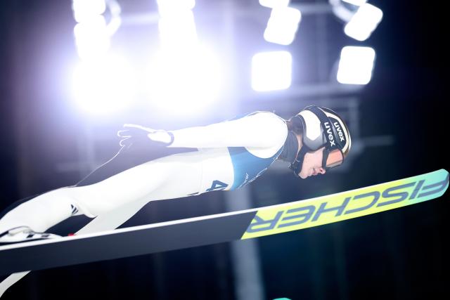 (260216) -- PREDAZZO, Feb. 16, 2026 (Xinhua) -- Norway's Anna Odine Stroem competes during the first round of ski jumping women's large hill individual event at the Milan-Cortina 2026 Olympic Winter Games in Predazzo, Italy, Feb. 15, 2026. (Xinhua/Huang Wei)