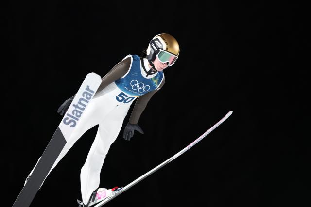 (260216) -- PREDAZZO, Feb. 16, 2026 (Xinhua) -- Slovenia's Nika Prevc competes during the first round of ski jumping women's large hill individual event at the Milan-Cortina 2026 Olympic Winter Games in Predazzo, Italy, Feb. 15, 2026. (Xinhua/Huang Wei)