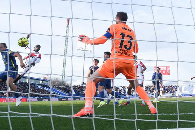 (260216) -- MADRID, Feb. 16, 2026 (Xinhua) -- Nobel Mendy (2nd L) of Vallecano scores a goal during the La Liga football match between Rayo Vallecano and Atletico de Madrid in Madrid, Spain, Feb. 15, 2026. (Photo by Gustavo Valiente/Xinhua)