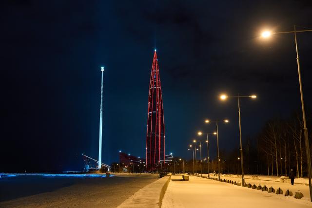 (260216) -- ST. PETERSBURG, Feb. 16, 2026 (Xinhua) -- This photo taken on Feb. 15, 2026 shows Lakhta Center, the tallest building in Russia, illuminated in "China red" to celebrate the Chinese New Year in St. Petersburg, Russia. (Photo by Guo Feizhou/Xinhua)