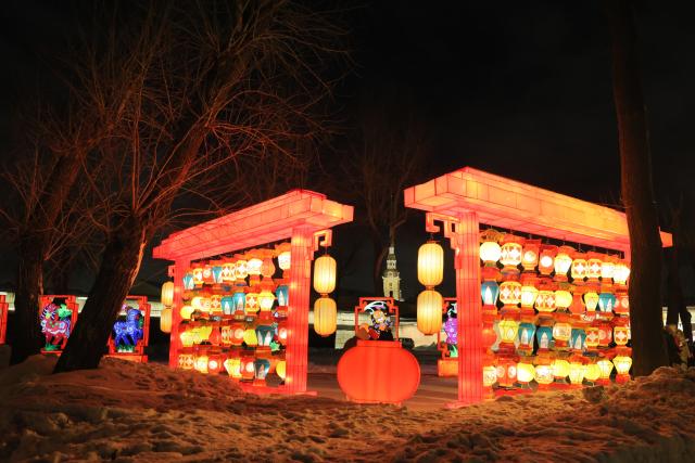 (260216) -- ST. PETERSBURG, Feb. 16, 2026 (Xinhua) -- This photo taken on Feb. 15, 2026 shows lanterns and light installations in St. Petersburg, Russia.
  Ten sets of large-scale lanterns and light installations made in Zigong of southwest China's Sichuan Province lit up along the Neva River here on Sunday to celebrate upcoming the Chinese New Year. (Photo by Irina Motina/Xinhua)
