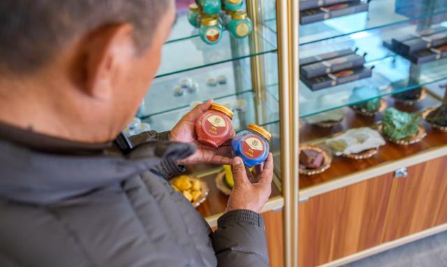 (260216) -- LHASA, Feb. 16, 2026 (Xinhua) -- Norbu Sidar checks pigment made of minerals at the Xizang Academy of Thangka in Lhasa, southwest China's Xizang Autonomous Region, Feb. 10, 2026. On the afternoon of Feb. 10, sunlight streamed through the windows of the Xizang Academy of Thangka, illuminating an unfinished thangka painting. Norbu Sidar stood beside a young apprentice. He reached out, gently placing his finger on a specific spot on the canvas, and quietly guided the apprentice on the direction of the lines. 
   Thangka, renowned for its meticulous composition, vibrant colors, and profound cultural connotations, was listed among the first batch of China's national intangible cultural heritages in 2006. Recording Tibetan history, culture, medicine, astronomy, and other knowledge, it carries the spiritual beliefs and aesthetic wisdom of people in Xizang throughout the times.
   Norbu Sidar is a national-level inheritor of the Tibetan thangka. As a child, he learned thangka painting techniques from his grandfather. He recalled, "Time was most precious when I was little. I could only learn to paint thangka in my spare time after helping the family with farm and livestock work." From 2005 to 2015, he spent ten years as a restoration expert undertaking the mural restoration project at the Potala Palace. In 2016, he donated the 18 thangka works he had copied at the Potala Palace over the decade to the Palace. "These ten years have been the most meaningful part of my life," he recalled.
   In 1992, Norbu Sidar began taking on students. Ten years later, he led the founding of the Xizang Academy of Thangka. Today, as a master's supervisor at the School of Arts of Xizang University, he guides graduate students in studying the history of thangka and encourages young people to experiment with new forms of expression. To date, over 400 students are, like him, contributing to the development of Tibetan thangka art.
    After being elected as a member of the National Committee of the Chinese People's Political Consultative Conference, Norbu Sidar felt he had the responsibility to do more to make thangka, the artistic treasure in Xizang, recognized, supported and passed down through generations. (Xinhua/Tenzin Nyida)