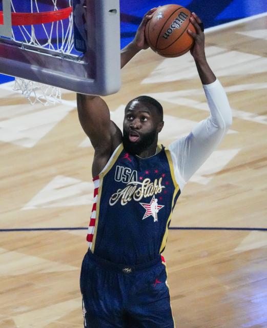 (260216) -- LOS ANGELES, Feb. 16, 2026 (Xinhua) -- USA Stripes' Jaylen Brown dunks during the NBA All Star Game between Team USA Stripes and Team USA Stars in Los Angeles, the United States, Feb. 15, 2026. (Photo by Sun Yuxuan/Xinhua)