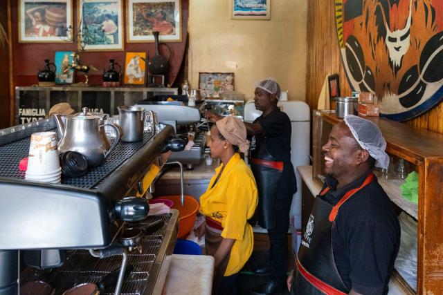 (260216) -- ADDIS ABABA, Feb. 16, 2026 (Xinhua) -- Baristas brew coffee at a cafe in Addis Ababa, Ethiopia, Feb. 12, 2026.
  Regarded as the origin of Arabica coffee, Ethiopia is one of Africa's largest producers and exporters of the commodity. Coffee production is seen as the backbone of the country's agriculture-led economy.
  Widely recognized for its quality and rich flavors, ranging from winy to fruity and chocolatey, the country's coffee has been in great demand across the globe. (Xinhua/Xie Jianfei)