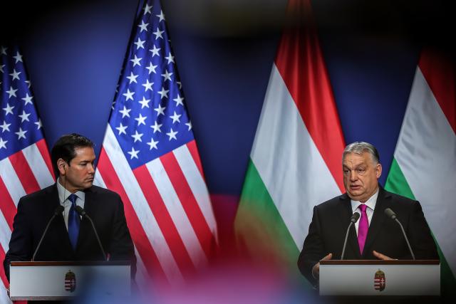 (260216) -- BUDAPEST, Feb. 16, 2026 (Xinhua) -- Hungarian Prime Minister Viktor Orban (R) and U.S. Secretary of State Marco Rubio attend a joint press conference in Budapest, Hungary on Feb. 16, 2026.
  Hungary and the United States signed a civil nuclear energy cooperation agreement on Monday during a visit by U.S. Secretary of State Marco Rubio to Budapest. (Photo by David Balogh/Xinhua)