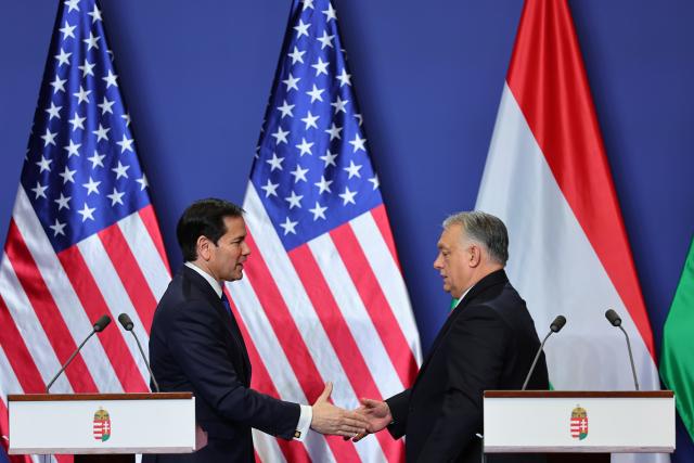 (260216) -- BUDAPEST, Feb. 16, 2026 (Xinhua) -- Hungarian Prime Minister Viktor Orban (R) and U.S. Secretary of State Marco Rubio shake hands after a joint press conference in Budapest, Hungary on Feb. 16, 2026.
  Hungary and the United States signed a civil nuclear energy cooperation agreement on Monday during a visit by U.S. Secretary of State Marco Rubio to Budapest. (Photo by David Balogh/Xinhua)