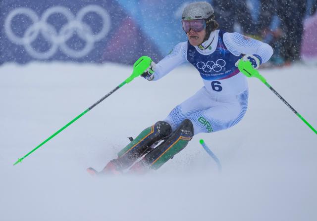 (260216) -- BORMIO, Feb. 16, 2026 (Xinhua) -- Lucas Pinheiro Braathen of Brazil competes during the alpine skiing men's slalom event at the Milan-Cortina 2026 Olympic Winter Games in Bormio, Italy, Feb. 16, 2026. (Xinhua/Hu Huhu)