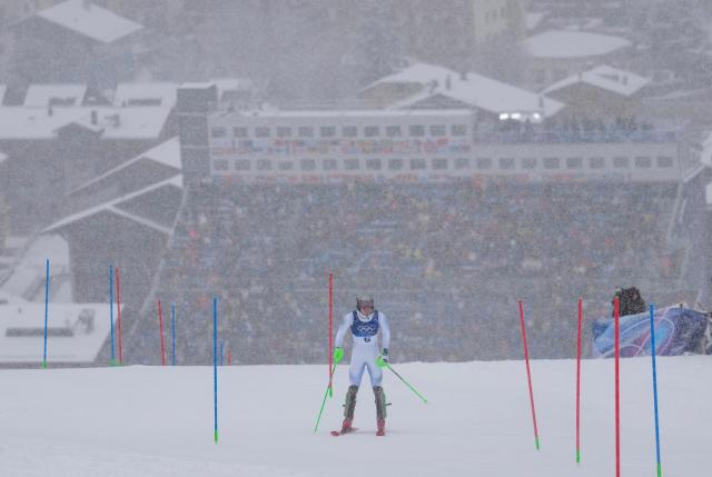 (260216) -- BORMIO, Feb. 16, 2026 (Xinhua) -- Lucas Pinheiro Braathen of Brazil competes during the alpine skiing men's slalom event at the Milan-Cortina 2026 Olympic Winter Games in Bormio, Italy, Feb. 16, 2026. (Xinhua/Hu Huhu)