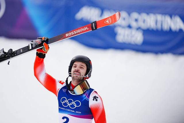 (260216) -- BORMIO, Feb. 16, 2026 (Xinhua) -- Gold medalist Loic Meillard of Switzerland celebrates after the alpine skiing men's slalom event at the Milan-Cortina 2026 Olympic Winter Games in Bormio, Italy, Feb. 16, 2026. (Xinhua/Yan Linyun)