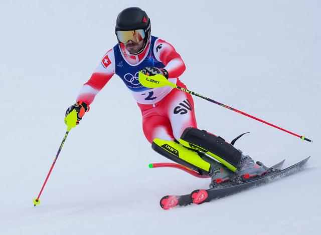 (260216) -- BORMIO, Feb. 16, 2026 (Xinhua) -- Loic Meillard of Switzerland competes during the alpine skiing men's slalom event at the Milan-Cortina 2026 Olympic Winter Games in Bormio, Italy, Feb. 16, 2026. (Xinhua/Hu Huhu)