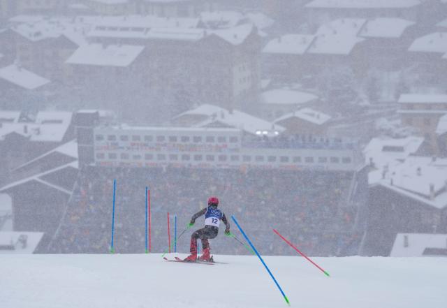 (260216) -- BORMIO, Feb. 16, 2026 (Xinhua) -- Fabio Gstrein of Austria competes during the alpine skiing men's slalom event at the Milan-Cortina 2026 Olympic Winter Games in Bormio, Italy, Feb. 16, 2026. (Xinhua/Hu Huhu)