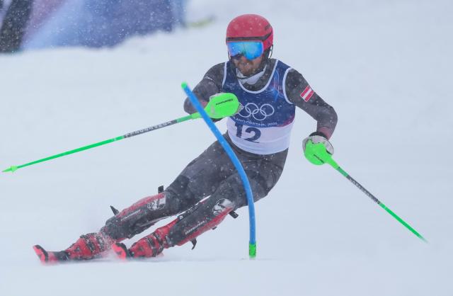 (260216) -- BORMIO, Feb. 16, 2026 (Xinhua) -- Fabio Gstrein of Austria competes during the alpine skiing men's slalom event at the Milan-Cortina 2026 Olympic Winter Games in Bormio, Italy, Feb. 16, 2026. (Xinhua/Hu Huhu)
