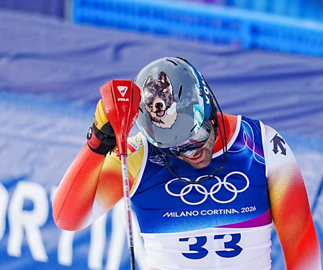(260216) -- BORMIO, Feb. 16, 2026 (Xinhua) -- Joaquim Salarich Baucells of Spain reacts after the alpine skiing men's slalom event at the Milan-Cortina 2026 Olympic Winter Games in Bormio, Italy, Feb. 16, 2026. (Xinhua/Yan Linyun)