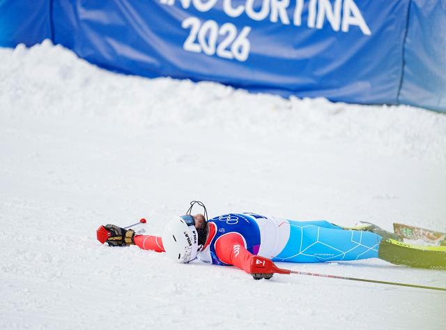 (260216) -- BORMIO, Feb. 16, 2026 (Xinhua) -- Matthieu Osch of Luxembourg reacts after the alpine skiing men's slalom event at the Milan-Cortina 2026 Olympic Winter Games in Bormio, Italy, Feb. 16, 2026. (Xinhua/Yan Linyun)