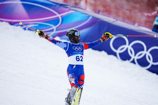(260216) -- BORMIO, Feb. 16, 2026 (Xinhua) -- Richardson Viano of Haiti reacts after the alpine skiing men's slalom event at the Milan-Cortina 2026 Olympic Winter Games in Bormio, Italy, Feb. 16, 2026. (Xinhua/Yan Linyun)