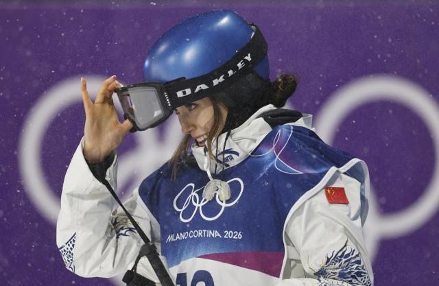 (260216) -- LIVIGNO, Feb. 16, 2026 (Xinhua) -- Gu Ailing of China reacts during the freestyle skiing women's freeski big air final at the Milan-Cortina 2026 Olympic Winter Games in Livigno, Italy, Feb. 16, 2026. (Xinhua/Wang Peng)