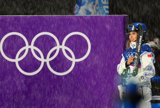 (260216) -- LIVIGNO, Feb. 16, 2026 (Xinhua) -- Gu Ailing of China reacts during the freestyle skiing women's freeski big air final at the Milan-Cortina 2026 Olympic Winter Games in Livigno, Italy, Feb. 16, 2026. (Xinhua/Hu Chao)