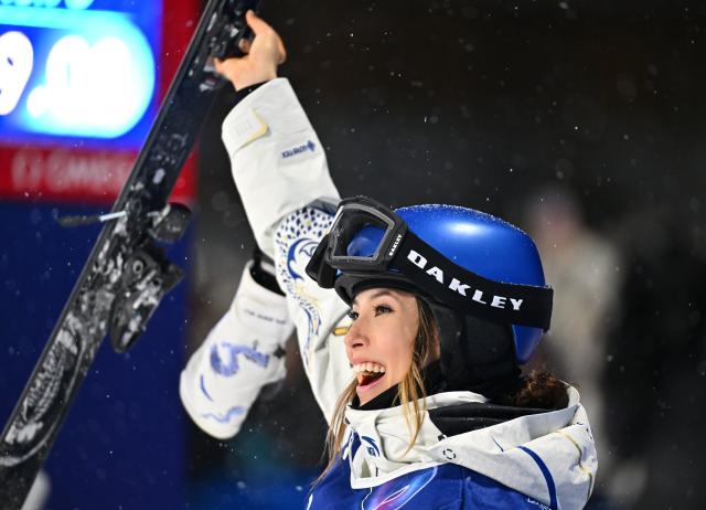 (260216) -- LIVIGNO, Feb. 16, 2026 (Xinhua) -- Gu Ailing of China celebrates during the freestyle skiing women's freeski big air final at the Milan-Cortina 2026 Olympic Winter Games in Livigno, Italy, Feb. 16, 2026. (Xinhua/Zhang Hongxiang)