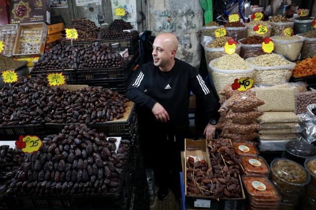 (260216) -- NABLUS, Feb. 16, 2026 (Xinhua) -- A Palestinian vendor is seen inside a market in the West Bank city of Nablus ahead of Ramadan, Feb. 16, 2026. (Photo by Ayman Nobani/Xinhua)