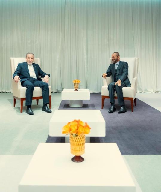 (260216) -- MUSCAT, Feb. 16, 2026 (Xinhua) -- Omani Foreign Minister Sayyid Badr bin Hamad bin Hamood Albusaidi (R) meets with Iranian counterpart Seyed Abbas Araghchi in Geneva, Switzerland, Feb. 16, 2026. Omani and Iranian top diplomats met in Geneva, Switzerland, on Monday to finalize preparations for a second round of indirect talks between Tehran and Washington, amid high tension in the Gulf and the Middle East. (Ministry of Information in Oman/Handout via Xinhua)