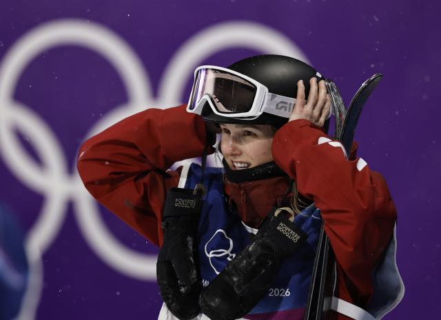 (260217) -- LIVIGNO, Feb. 17, 2026 (Xinhua) -- Megan Oldham of Canada reacts during the freestyle skiing women's freeski big air final at the Milan-Cortina 2026 Olympic Winter Games in Livigno, Italy, Feb. 16, 2026. (Xinhua/Wang Peng)