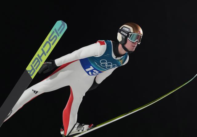 (260217) -- PREDAZZO, Feb. 17, 2026 (Xinhua) -- Kristoffer Eriksen Sundal of Norway competes during the first round of the ski jumping men's super team event at the Milan-Cortina 2026 Olympic Winter Games in Predazzo, Italy, Feb. 16, 2026. (Xinhua/Meng Yongmin)