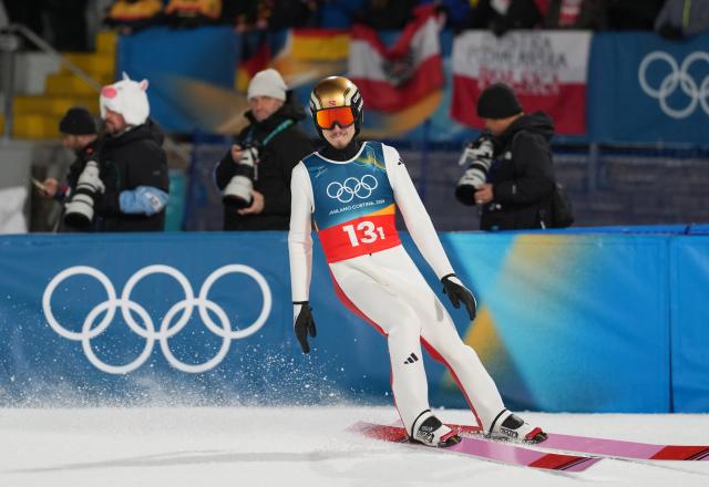 (260217) -- PREDAZZO, Feb. 17, 2026 (Xinhua) -- Johann Andre Forfang of Norway competes during the second round of the ski jumping men's super team event at the Milan-Cortina 2026 Olympic Winter Games in Predazzo, Italy, Feb. 16, 2026. (Xinhua/Meng Yongmin)